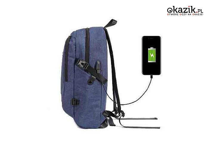 Sportowy plecak antykradzieżowy z portem USB. 3 kolory do wyboru.