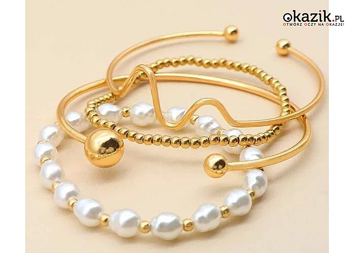 Zestaw 4 bransoletek w kolorze złota lub srebra! Z sztucznymi perłami.