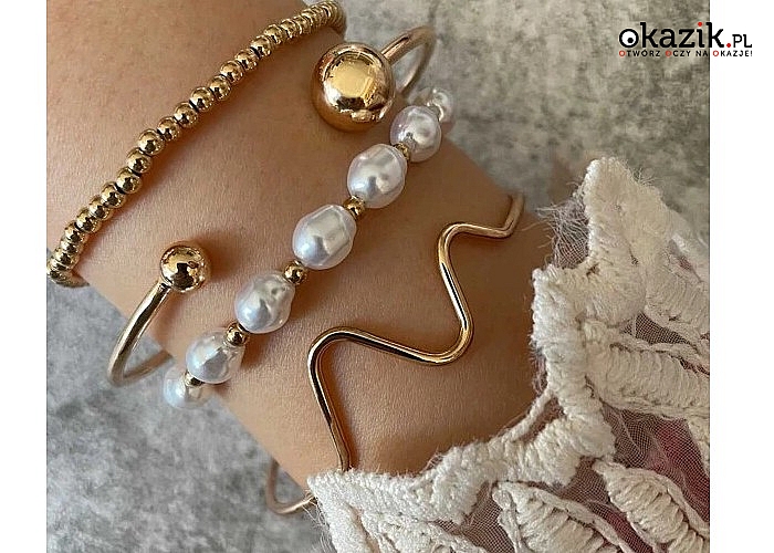 Zestaw 4 bransoletek w kolorze złota lub srebra! Z sztucznymi perłami.