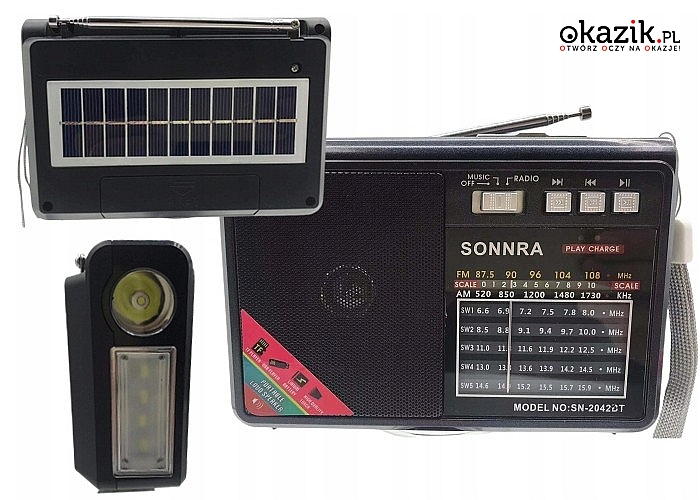 Przenośne radio solarne z latarką oraz gniazdem SD i złączem USB