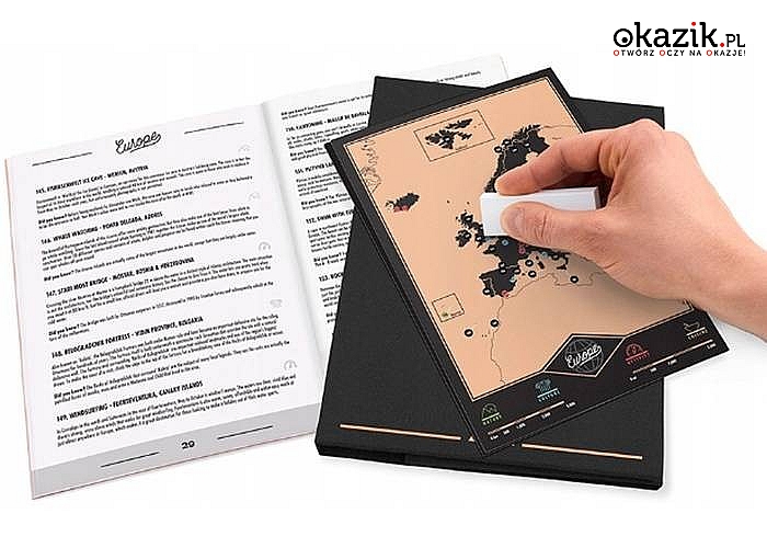 Dziennik podróżnika z przydatnymi informacjami oraz mapkami do zdrapywania