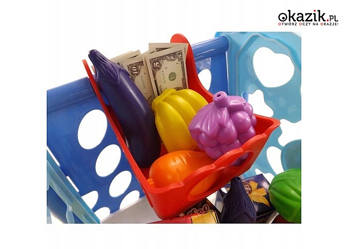 Zabawkowy wózek na zakupy! Koszyczek na lalkę, banknoty i kartoniki z produktami w zestawie!