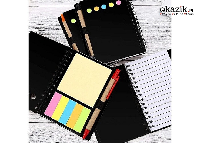 Organizer z notesem, kolorowymi karteczkami i długopisem w zestawie.