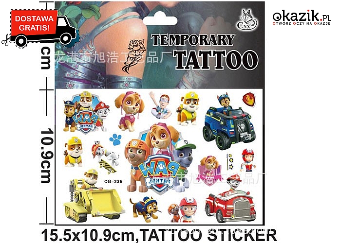 Zmywalne tatuaże dla dzieci z bohaterami Psiego Patrolu