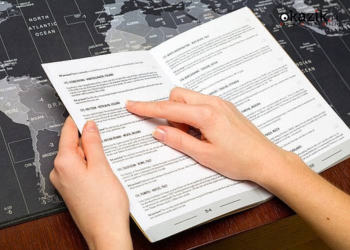 Dziennik podróżnika z przydatnymi informacjami oraz mapkami do zdrapywania